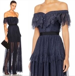 Self-Portrait Fine Lace Off Shoulder Maxi Dress Navy Blue Size 6